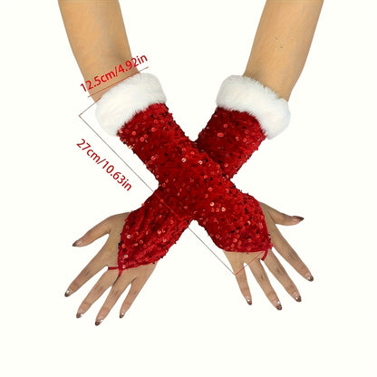 's Sparkling Red Sequin Long Gloves with White Cuff & Elastic Wrist - Glittering Fingerless Gloves for Christmas, New Year's Eve, Prom, Costume Parties - Elegant Performance Accessory (No Feathers/-Free)