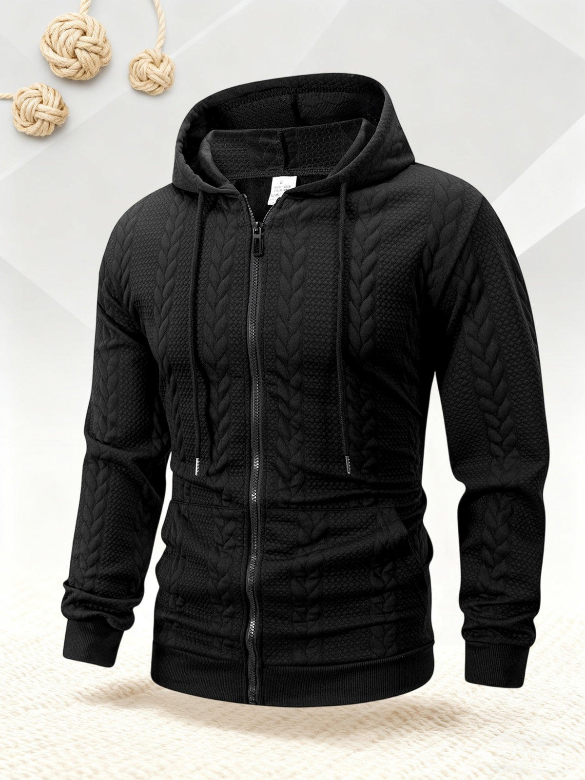Men's Autumn Winter Hooded Textured Fleece Jacket with Zipper