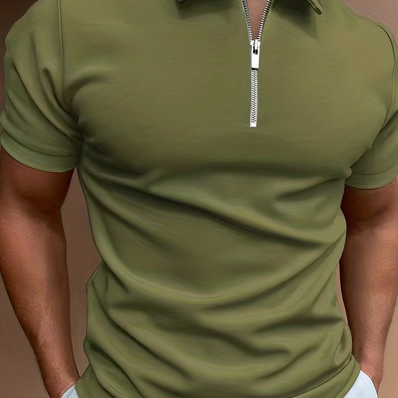 [Golf Apparel] Men's Classic White Shirt - Casual Summer Style with Short Sleeves, Zipper Collar, and Stretch Polyester Fabric - Perfect for Streetwear & Golf