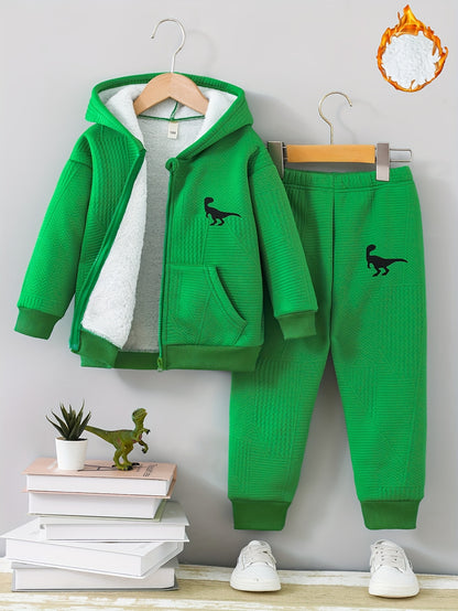 2pcs set of casual and fashionable fleece thickened Jacquard zipper pocket shoulder-length hooded sweatshirt and fleece Jacquard sports jogging pants suit, children's autumn and winter comfortable and versatile clothing, can