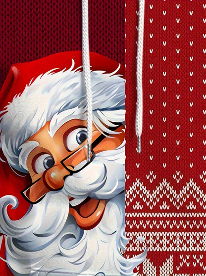 Plus Size Men's Funny Christmas Hoodie- Festive Santa Claus& Snowflake Print, Red& White Holiday Sweatshirt with Pockets, Casual Long Sleeve Pullover for Fall& Winter, Perfect Christmas Gift, Christmas Clothes, PLUS SIZE