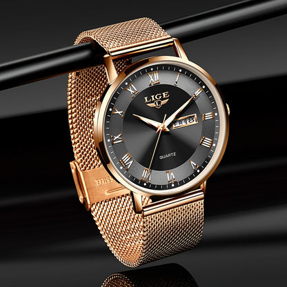 LIGE Women's Elegant Stainless Steel Quartz Watch with Date