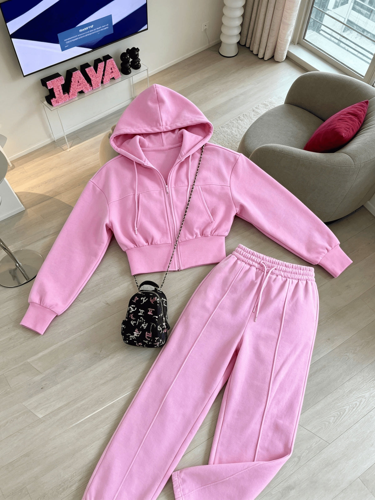 Women's Loose Cropped Hoodie Set with Matching Pants