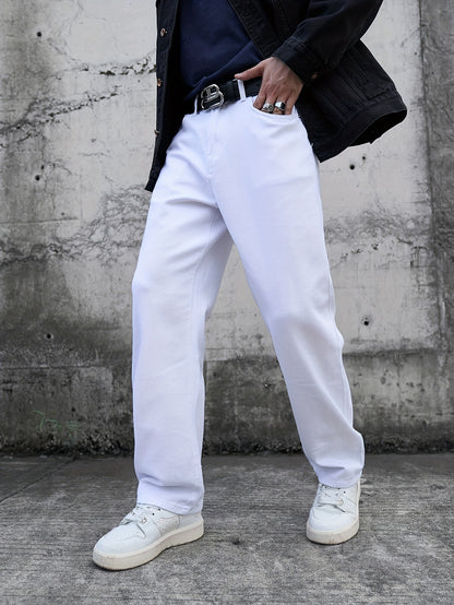 Men's Casual White Jeans - Loose Fit, Cotton, Machine Washable, Solid Color with Pockets, All-Season Wear