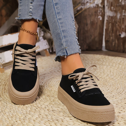 Women's Casual Lace-Up Shoes, Low-Top Round Toe, Black PVC Sole