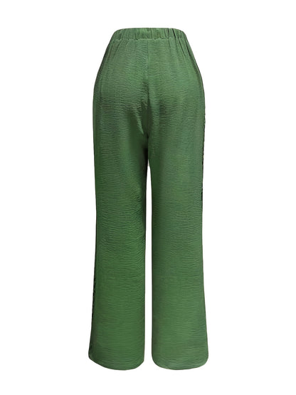 Women's Casual Straight Leg Polyester Trousers with Ruffle Detail