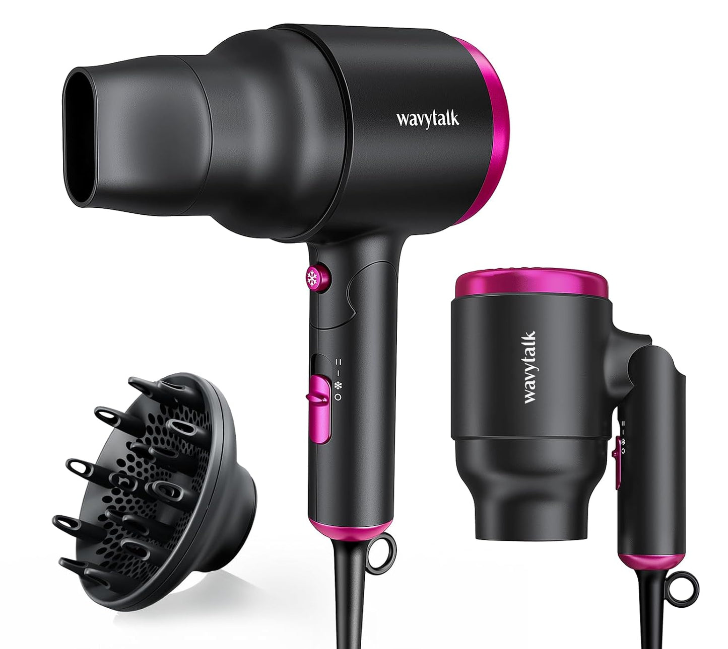 Wavytalk Blow Dryer with Diffuser, Mini Hair Dryer with Folding Handle, 1600W Quiet Lightweight Hairdryer with Diffuser Compact Design, Pinky White