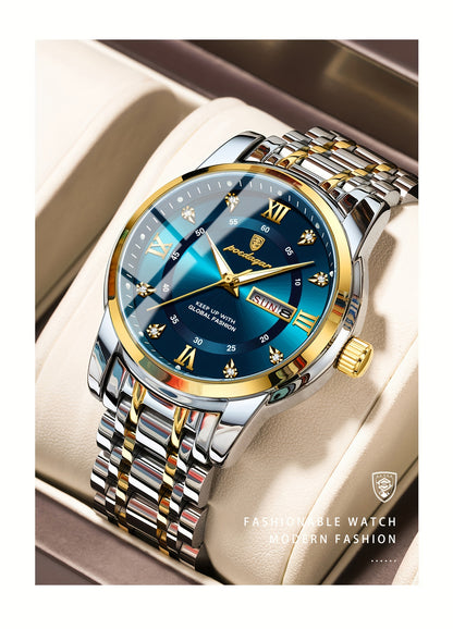 POEDAGAR Men&Women&Apos;S Calendar Week Luminous Stainless Steel Watch - Trendy Casual Quartz Wristwatch with Blue Dial, Roman Numerals, And Date Display, Ideal Gift for Sports Enthusiasts, Casual Wear Watch | Trendy Casual W