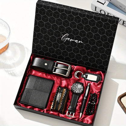 7pcs/set-Men's PU Leather Business Casual Watch Set (wallet + Belt + Keychain + Bracelet + Watch + Pen + Rosary), Minimalist Quartz Watch Set, Exquisite Watch Gift Box, Valentine's Day Gift Box.