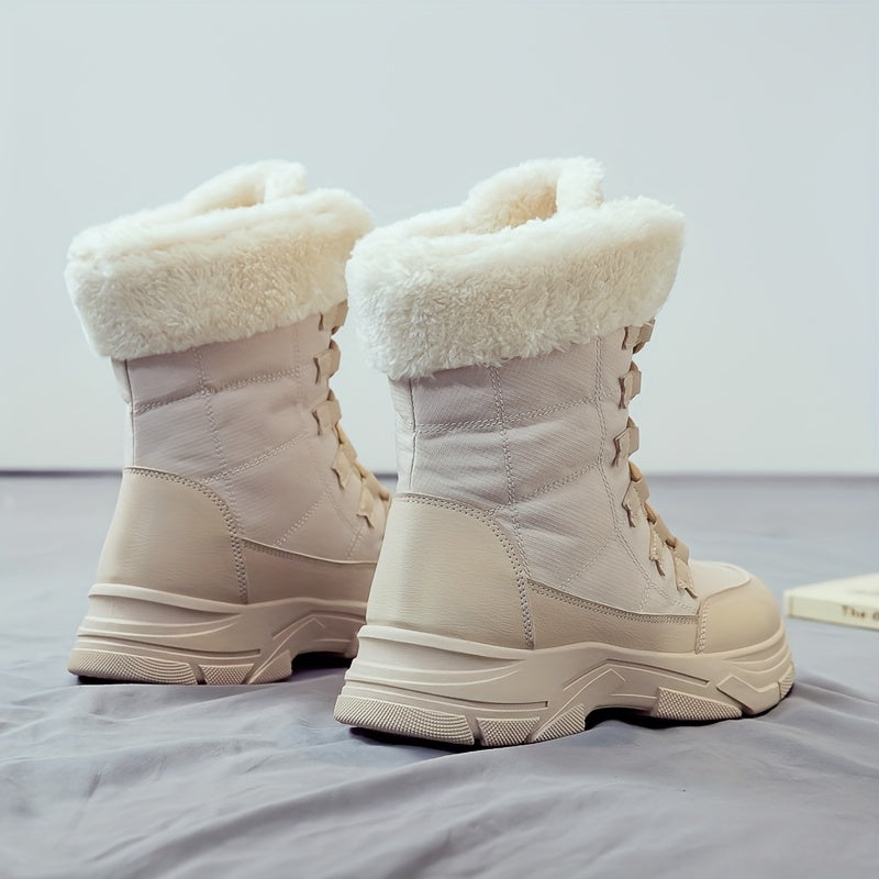 Women'S Winter Boots - Thick Platform Sole for Height & Traction, Lace-Up Mid-Calf Boots with PU Synthetic Cover Upper, Non-Slip PVC Outsole - Beige/White Cold Weather Shoes for Everyday, Formal, Party - Easy-Clean & Durable