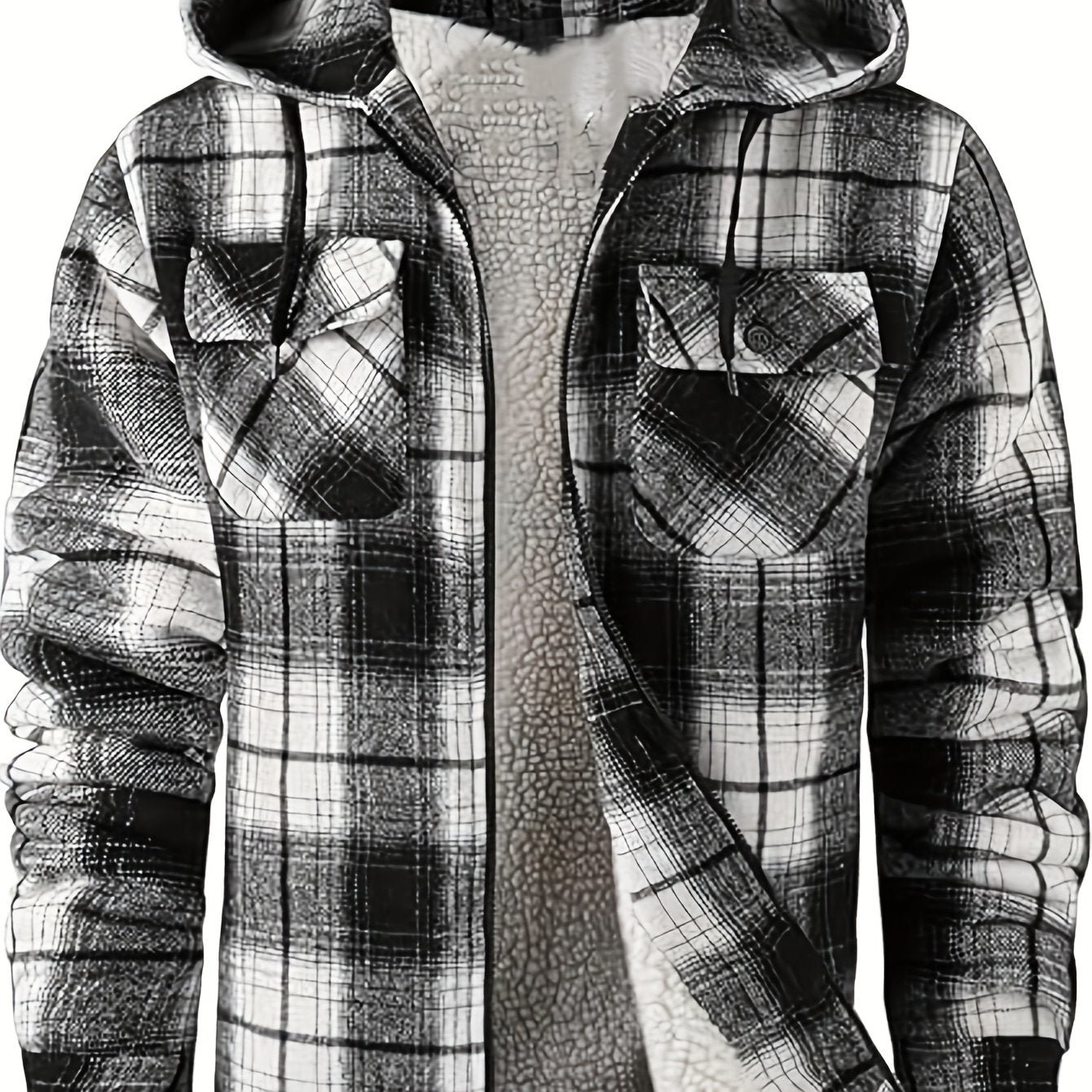 DPYEW Men's Full-Zip Hooded Jacket with Fleece Lining & Plaid Black/White/Gray Winter Coat - Windproof Outerwear, Full-Zip Closure, Hand Washable, Casual Jacket for Skiing, (Warm), Winter Jacket For Men, Mens Jacket, Men Wint