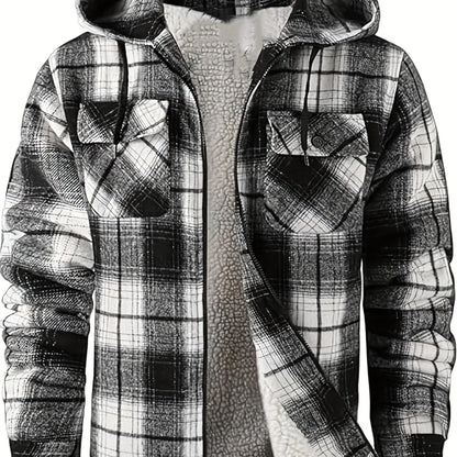 DPYEW Men's Full-Zip Hooded Jacket with Fleece Lining & Plaid Black/White/Gray Winter Coat - Windproof Outerwear, Full-Zip Closure, Hand Washable, Casual Jacket for Skiing, (Warm), Winter Jacket For Men, Mens Jacket, Men Wint