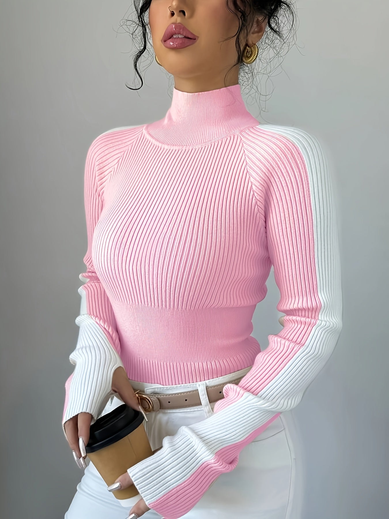 Elegant Contrast Color Turtleneck Soft Base Layer Top