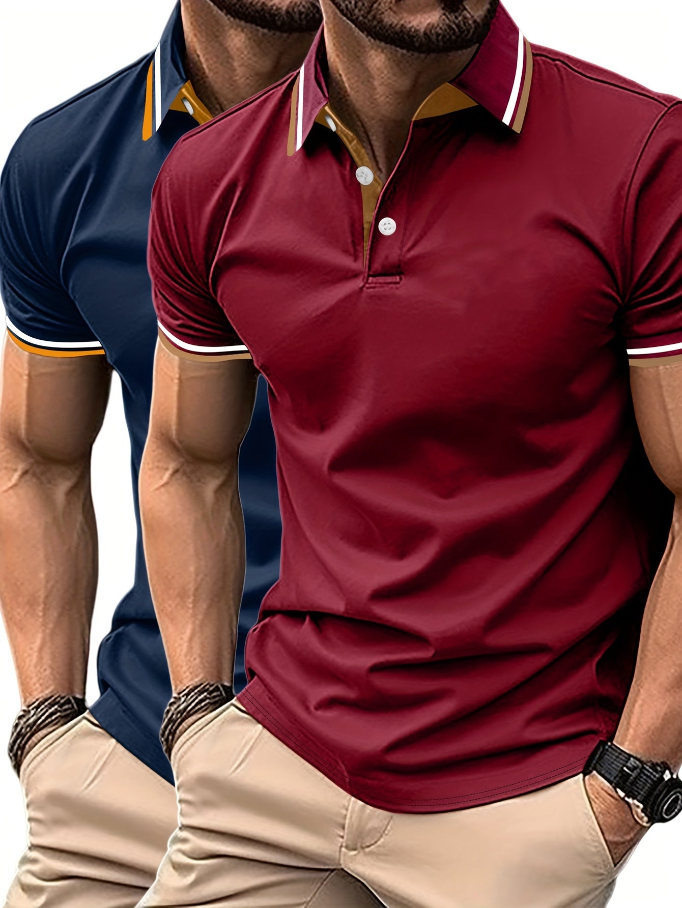 2 հատ տղամարդու կարճաթև վերնաշապիկներ կոնտրաստ օձիքներով - թեթև պոլիեսթեր, պաստել կապույտ և վարդագույն, շրջադարձային օձիքով, կոճակներով փակվող, սովորական, ամենօրյա և գործնական հագուստ, իդեալական ամառային կամ նվերների համար, կարճ թև վերնաշապիկներ