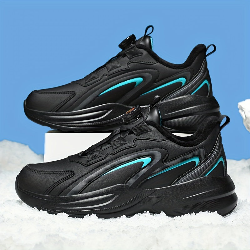 Men's Warm Fleece-Lined Casual Running Shoes - Stylish Black with Blue & Turquoise Accents, Durable Rotating Buckle Closure, Comfortable Non-Slip Sole for Hiking & Outdoor Activities, Fall/Winter