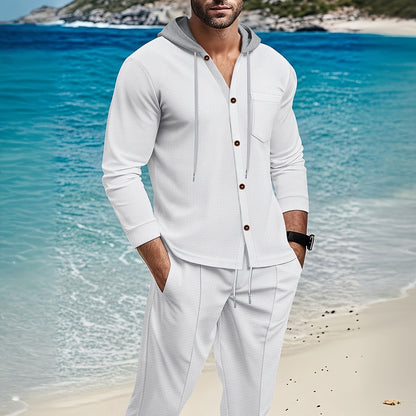 Men'S Lightweight Hooded Cardigan - Long Sleeve Sweater Jacket, Button-Front Closure, Light Grey Casual Outerwear for Office, Casual Attire - Breathable Fall/Spring Layering Essential, Sweater Cardigan, Waffle Texture, Durabl