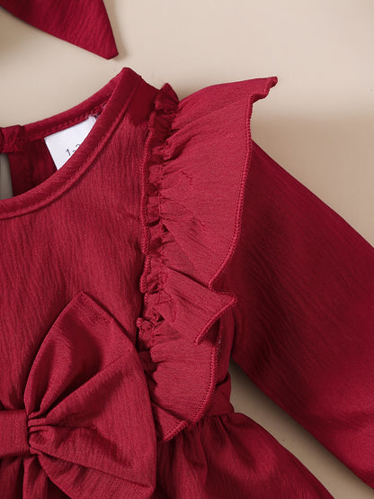 1-18 ամսական աղջիկների կարմիր զգեստ | Սուրբ Ծնունդ, Նոր Տարի, Տոնական և տոնական զգեստ գլխակապով, արքայադստեր ոճով, աշուն-ձմեռ հավաքածու, կլոր վզնոցով, երկար թևքերով, մինչև ծնկները, լայնացված եզրով