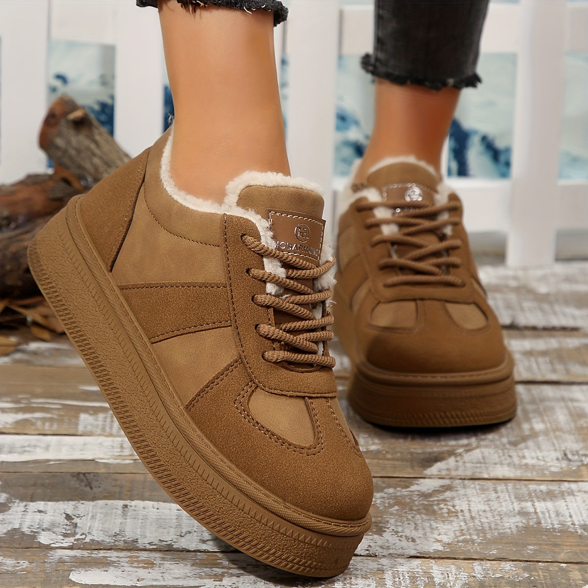 Women's Cozy Fleece-Lined Winter Sneakers - Thick Sole, Non-Slip, Lace-Up Casual Shoes for Outdoor Comfort