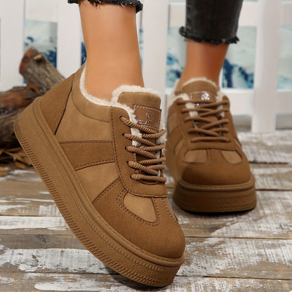 Women's Cozy Fleece-Lined Winter Sneakers - Thick Sole, Non-Slip, Lace-Up Casual Shoes for Outdoor Comfort
