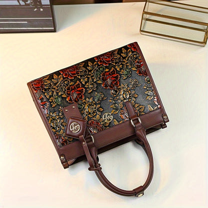 Vintage Floral PU Handbag for Women with Zipper Closure