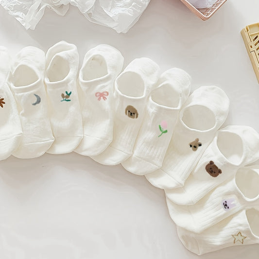 10pcs Cute Animal & Floral No-Show Socks for Women - Breathable, Soft Polyester Blend, Invisible Boat Socks with Non-Slip Heel, Perfect for Spring & Summer, Cute Socks