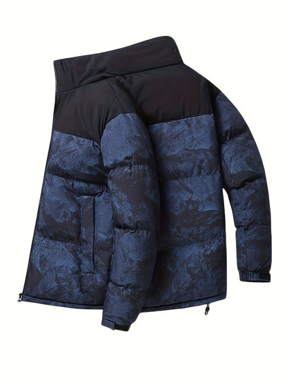 Men's Winter Jacket Windproof Coat with Stand Collar & Camo Marbled Pattern (Black/White/Grey) - Thickened Padded, Full-Zip Closure, for Skiing,, Outdoor Activities - Cold Weather Survival