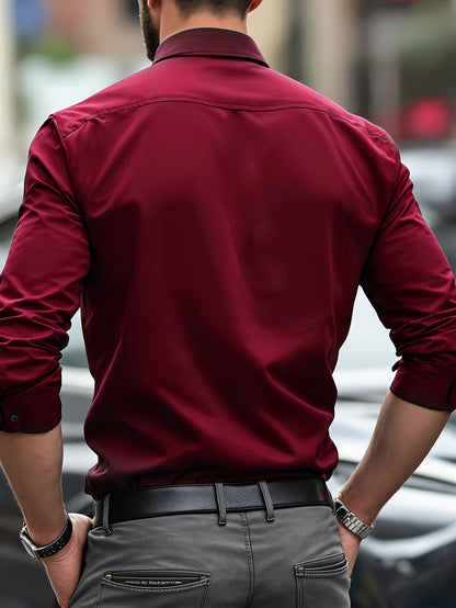 Men's Solid Color Slim Fit Shirt with Lapel Collar for All Seasons