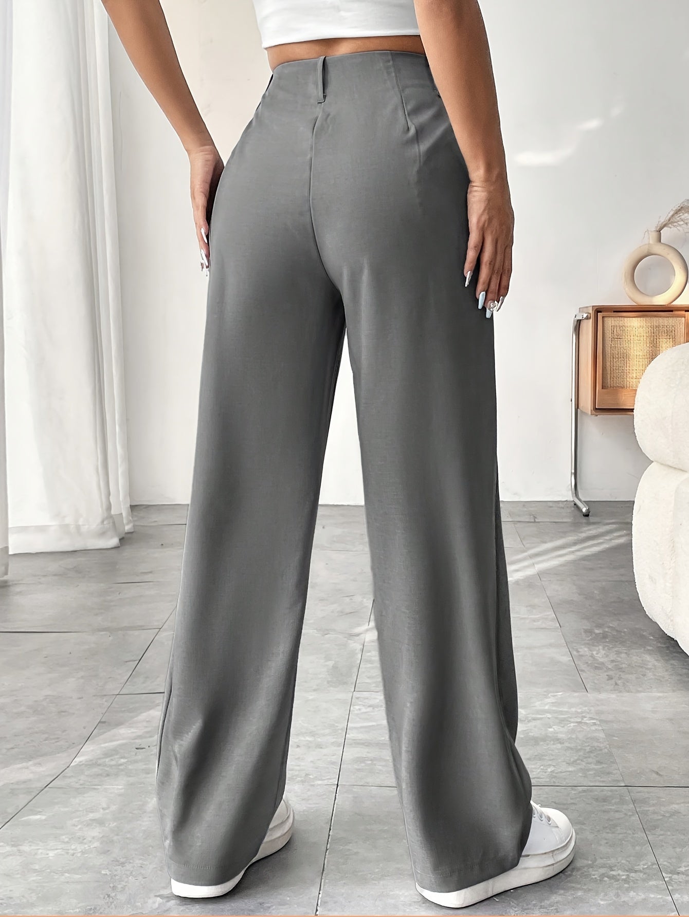 Women's Casual Wide-Leg Pants with High Waist and Slight Flare - Solid Color, Polyester, Machine Washable