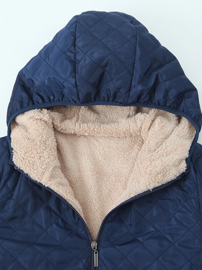 Women's Plus Size Quilted Hooded Jacket - Warm, Casual Long Coat with Faux Fur Trim, Zipper Closure, and Diamond Pattern Stitching - Ideal for Winter Outdoor Activities, Cold Weather Apparel|Hooded Coat|Soft Texture, Winter C