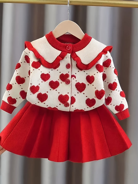 Girls' Red & White Knitted Dress with Ruffled Collar & Heart Patterns - Slim-Fit All-Season Party Wedding Outfit, Elastic Button-Front Bodice & Flared for New Year's Performances ( to)