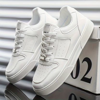 A Pair of Breathable Skate Shoes - Stylish White Low-Top Casual Sneakers with a Durable PU Upper And PVC Sole, Featuring Comfortable Laces, Suitable for All Seasons - ayq