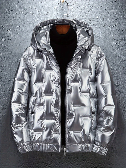 Men'S Winter Coat - Glossy Black Cold Weather Jacket, Non-Stretch Outer Shell, Zippered Pockets & Hooded Design for Formal & Everyday Use - Insulated Outerwear for Everyday & Special Occasions, Winter Jacket, Sleek Appearance