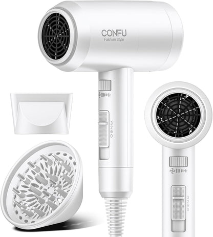CONFU Ionic Blow Dryer 1600W, Portable Lightweight Fast Drying Negative Ion Hairdryer Blowdryer, 3 Heat Settings & Infinity Speed, with Diffuser and Concentrator Nozzle for Home & Travel
