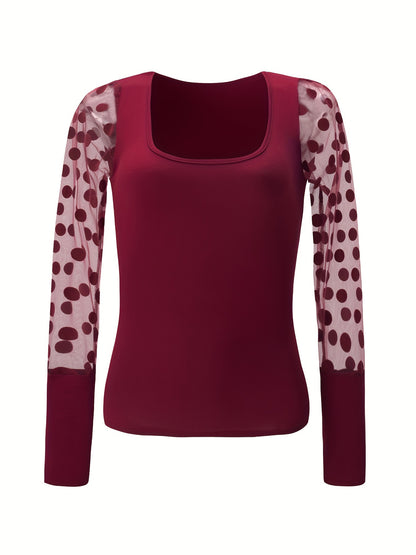 Նոր ոճի U-ձև օձիքով ցանցկեն, պոլկա կետերով երկար թևքով, միագույն, ներքնազգեստով, ամենօրյա, բազմակողմանի վերնաշապիկ