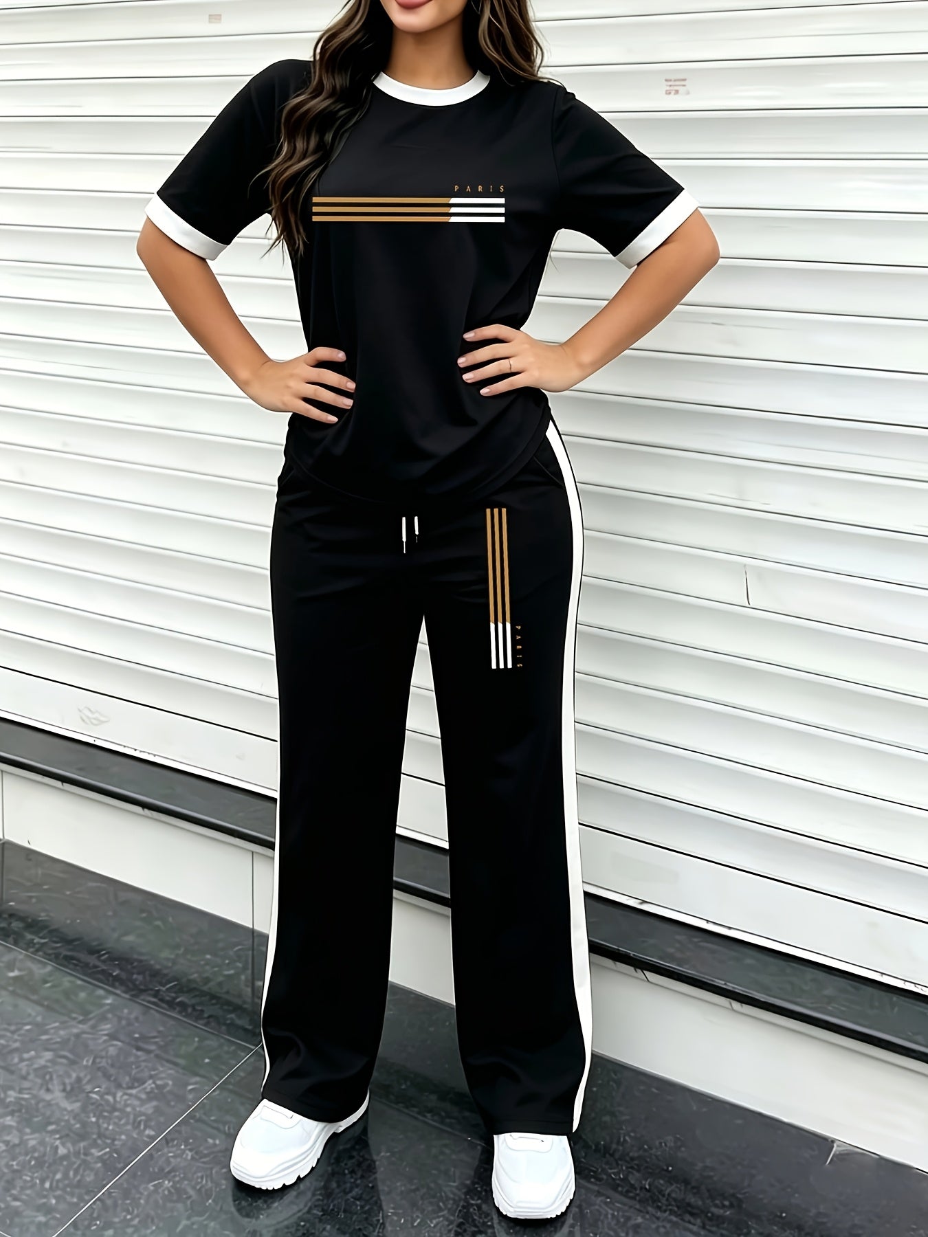 Women's Color-Block Casual Two-Piece Set with Wide-Leg Pants