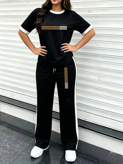 Women's Color-Block Casual Two-Piece Set with Wide-Leg Pants