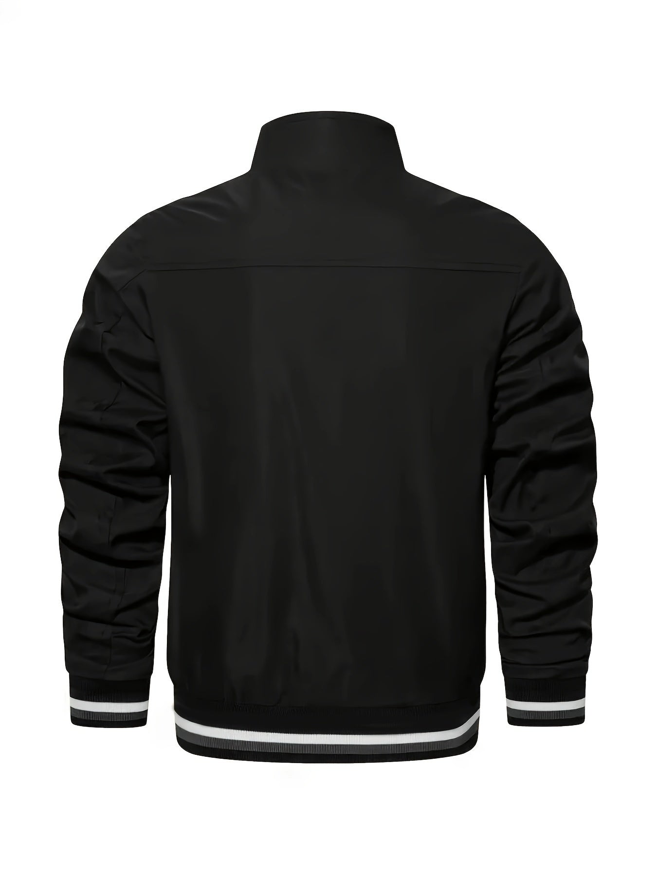 Lightweight And Trendy Men's Long Sleeve Zipper Jacket With Stand Collar, Pockets And Stripe Pattern Pieces, Suitable For Spring And Autumn Outdoors Activities