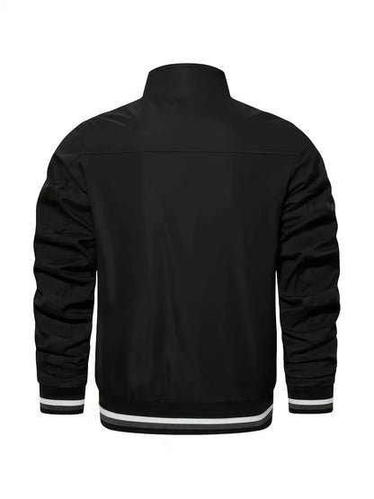 Lightweight And Trendy Men's Long Sleeve Zipper Jacket With Stand Collar, Pockets And Stripe Pattern Pieces, Suitable For Spring And Autumn Outdoors Activities