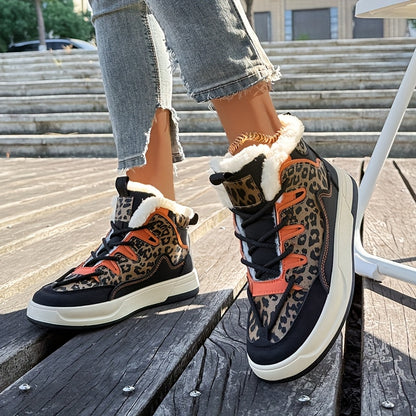 Women'S Stylish Leopard Print Winter Sneakers - Warm Fleece-Lined Casual Shoes with Thick PVC Sole, Black & Orange Design, Perfect for Fall/Winter Outdoor Activities, Winter Sneakers | Leopard Print Shoes | Durable PVC Sole