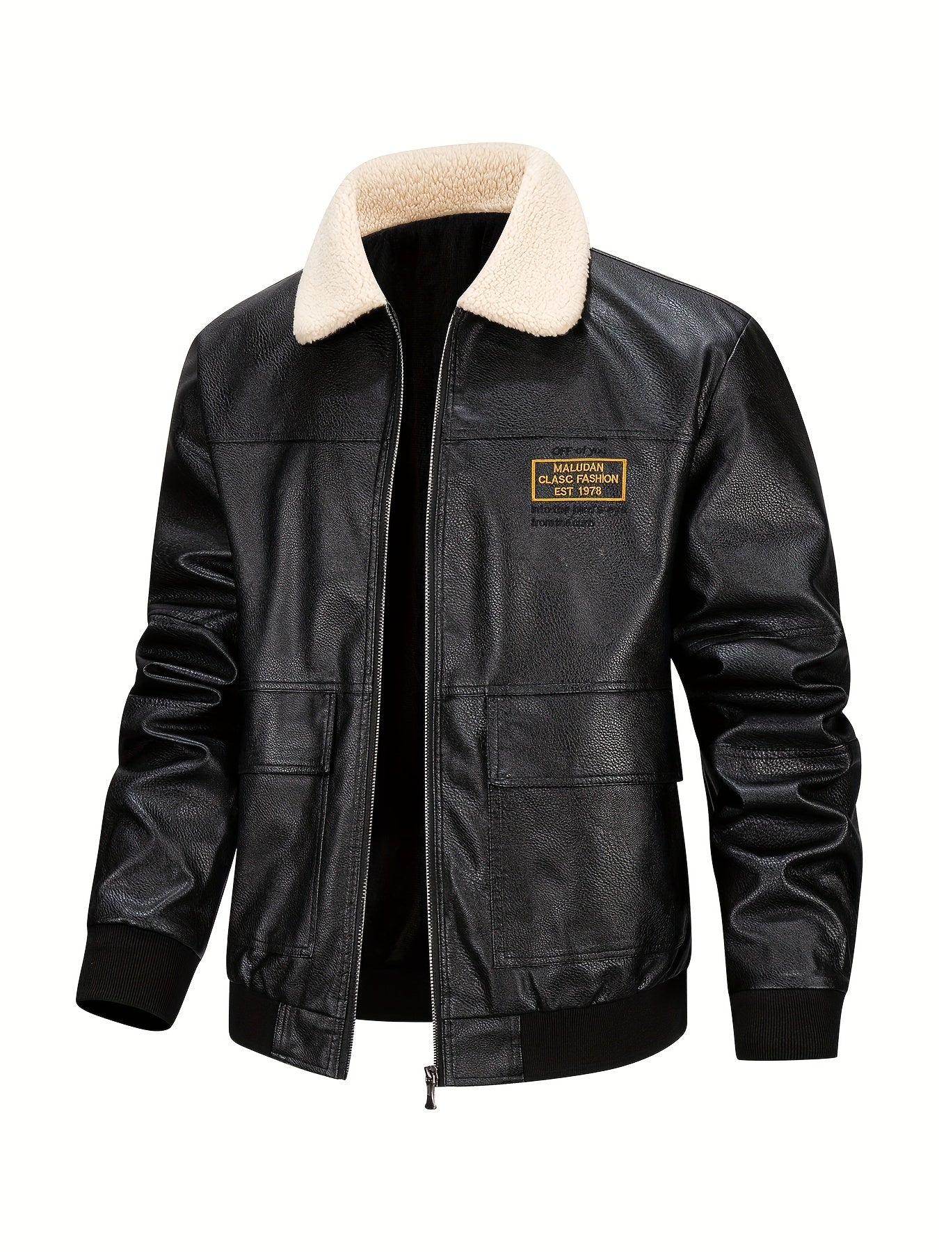 Men'S Faux Leather Bomber Jacket with Fleece Lining - Casual Motorcycle Style, Zip-Up, Long Sleeve, Drop Shoulder, Polyester Lining, Regular Fit, Outdoor & Hiking Wear, Outdoor Jacket | Bomber Jacket | Polyester Lined Jacket