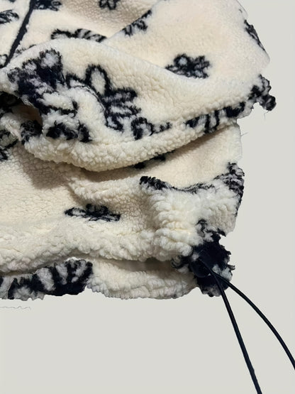 Կանացի հարմարավետ բրդյա երիզով ծաղկային նախշերով բաճկոն - առօրյա երկար թևքով կայծակաճարմանդով սև և սպիտակ ծաղկային նախշերով, փափուկ տաք վերնազգեստ աշուն/ձմեռ, հարմարավետ աշնանային հագուստ | Ծաղկային նախշերով բաճկոն | Կայծակաճարմանդով բաճկոն