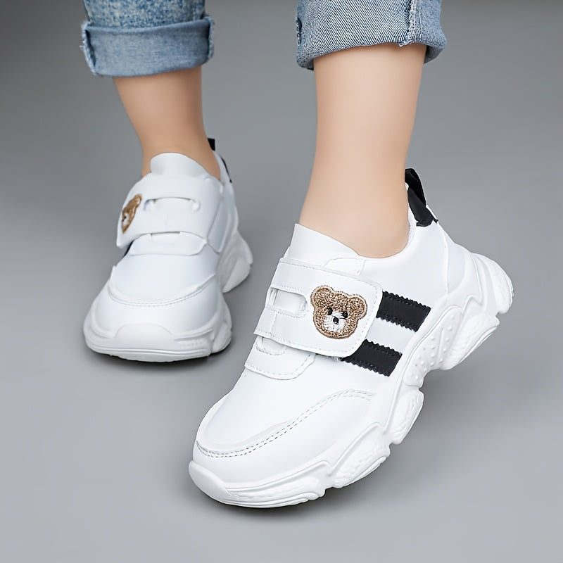 Girls' White Sneakers - Cute Cartoon Bear Design, Casual Low-Top Style with Hook-and-Loop Fastener, Comfortable Microfiber Synthetic Upper, All-Season Wear for Youngsters, Everyday Youngsters's Shoes | Playful Youngsters Snea