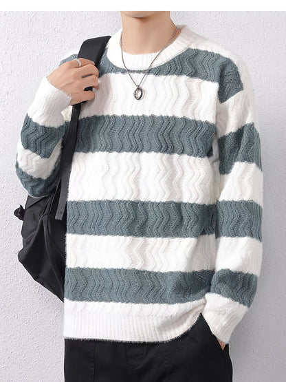 Տղամարդու ձմեռային տաք սվիտեր՝ գծավոր կլոր վզով պուլովեր՝ գույների համադրությամբ, հարմար է շերտավոր կրելու համար, ձեռքով լվացվող առօրյա սվիտերներ (աշուն/ձմեռ)