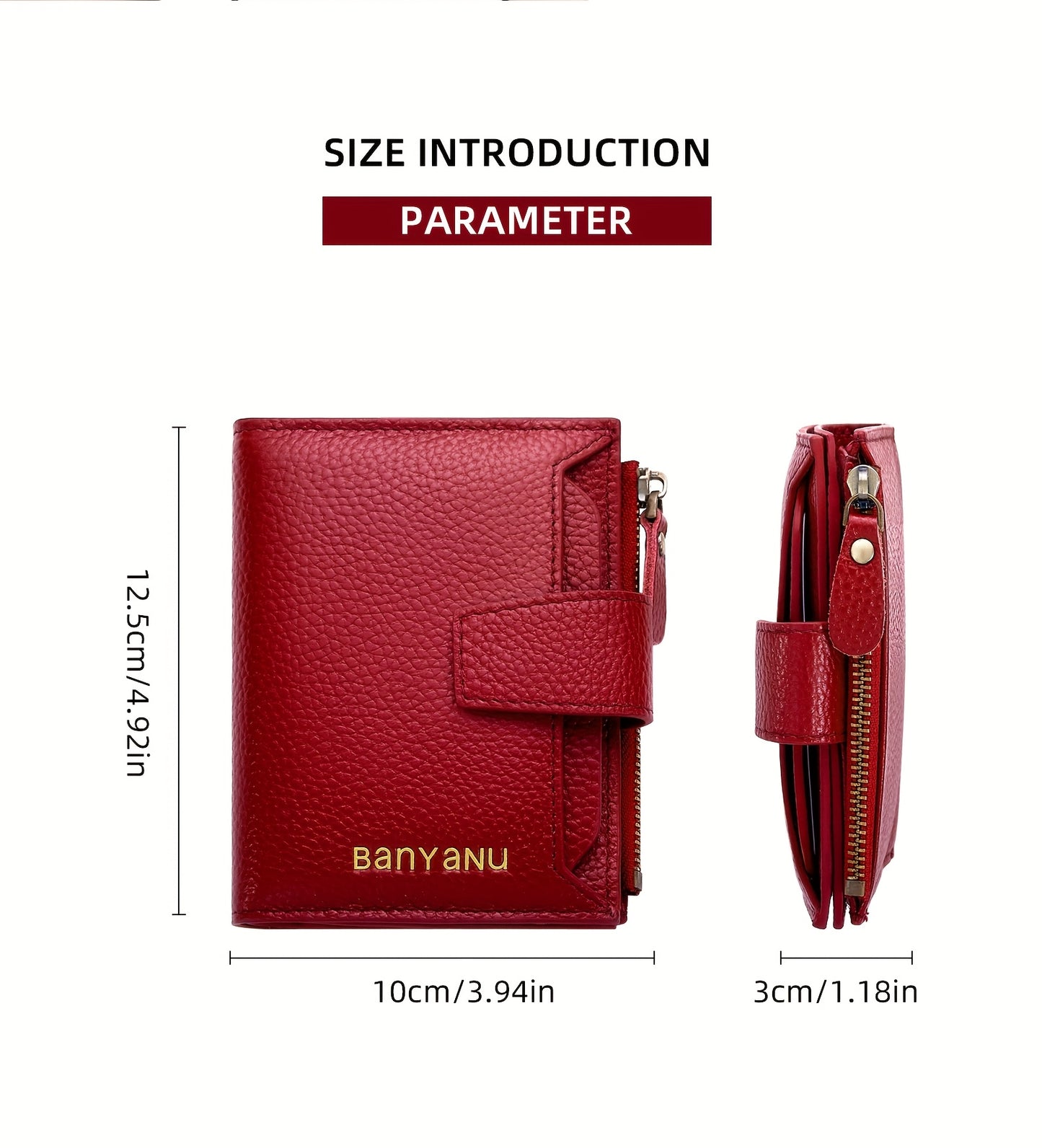 BANYANU Women'S Genuine Faux Leather Wallet - Red Lychee Grain Texture, Multi-Card Slots, Zippered Coin Pocket, Detachable ID Window, Compact Design for Everyday Use, Secure Coin Storage | Stylish Wallet | Synthetic