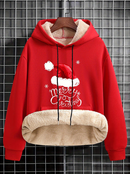 Men's Red Hooded Christmas Sweater with White Fur-like Collar & Golden Trim - Long Sleeve Loose Fit Casual Pullover, Machine Washable Winter Warmth for Holiday Parties, New Year's Eve & Winter Events - Festive Sweater for Men