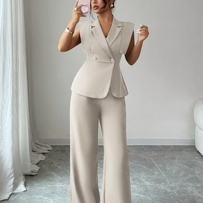 Elegant Women's Casual Set, Including a Sleeveless Top and Elastic Waist Pants, Suitable for Work, Vacation, Afternoon Tea, Parties, and Spring/summer Wear