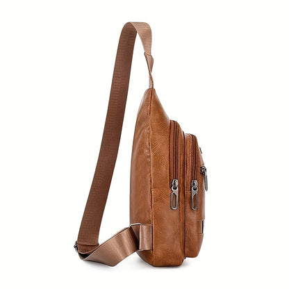 Men'S Vintage Faux Leather Chest Bag - Crossbody Sling Style, Multi-Layer Zippered Front, Brown with Red  White Stripes, Perfect for Casual Outings, Crossbody Bag, Secure Zipper Closure