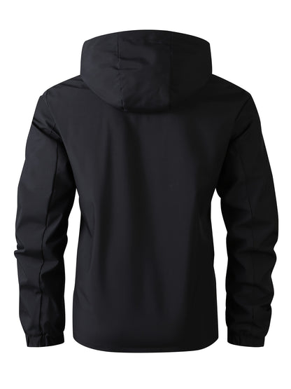 Men'S Stylish Black Hooded Windbreaker Jacket with Zipper Pockets - Casual, Loose Fit, Long Sleeve, Polyester Lining, Perfect for Spring and Fall, Casual Wear Jacket|Hooded Jacket|Zippered Jacke