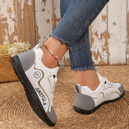 JUKEFULA White Women's Outdoor Colorblock Sneakers - Elegant white and grey casual sneakers with soft sole and lace-up design, suitable for all seasons, gym and travel