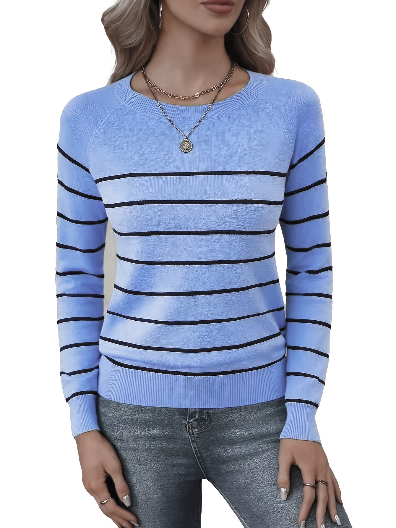 Women's Casual Striped Round Neck Pullover Sweater